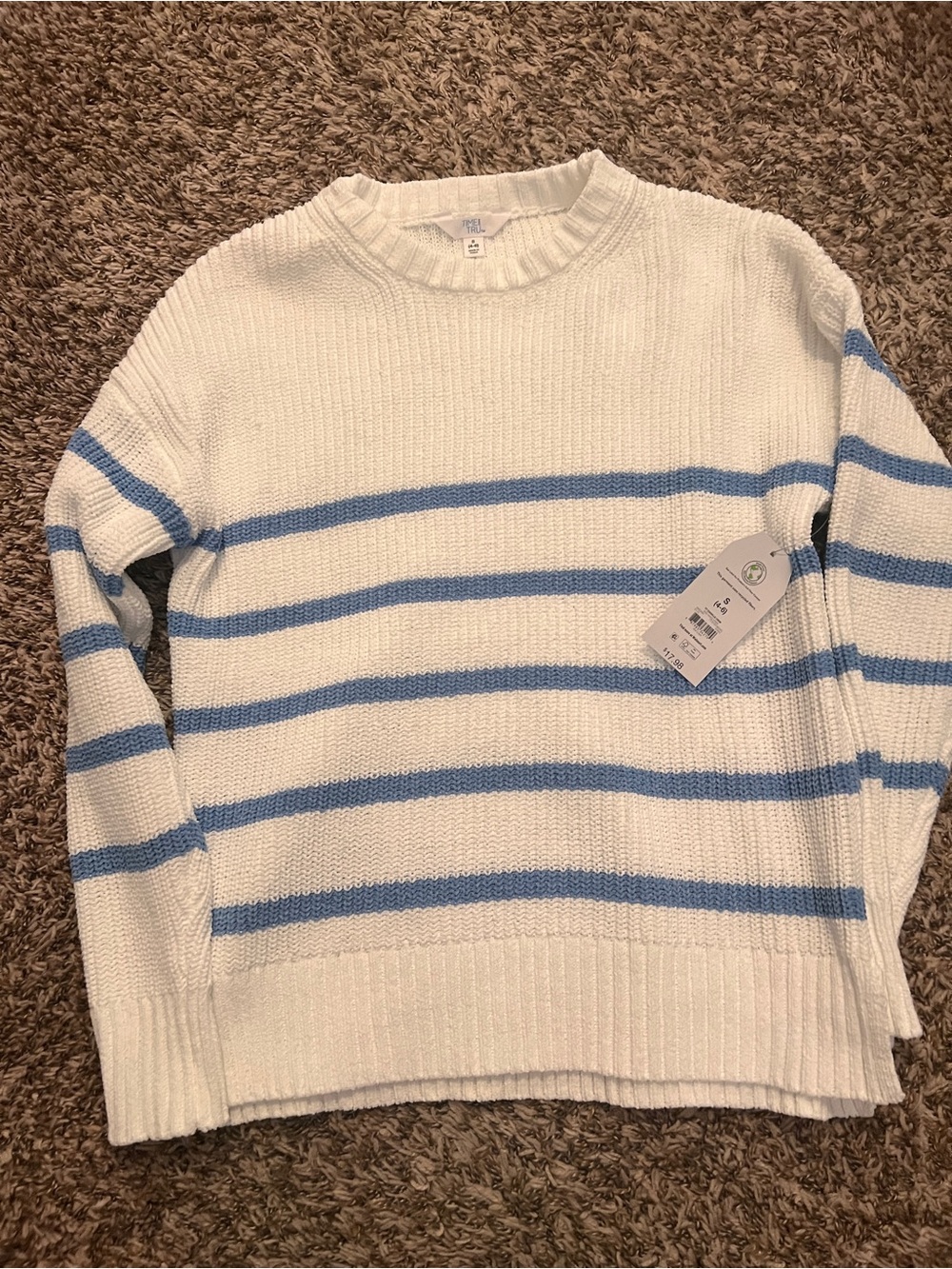 Coastal Stripe Crewneck Sweater - White & Light Blue